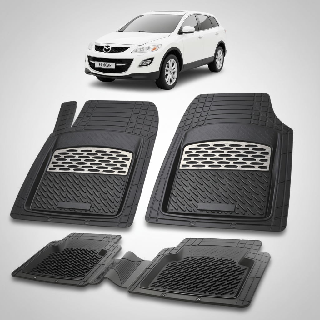 set de covorase din cauciuc negre cu accente gri cu o mazda cx 9 generatia 1 alba in fundal