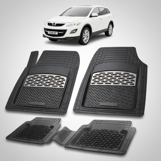 set de covorase din cauciuc negre cu accente gri cu o mazda cx 9 generatia 1 alba in fundal