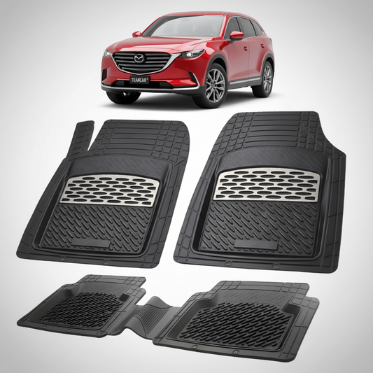 set de covorase din cauciuc negre cu accente gri cu o mazda cx-9 ii rosie in fundal