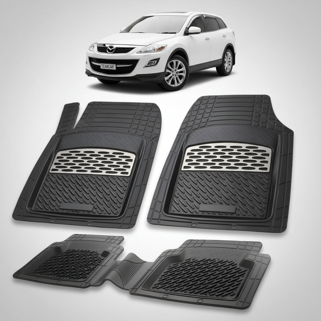set de covorase din cauciuc negre cu accente gri cu o mazda cx-9 tb suv alba in fundal