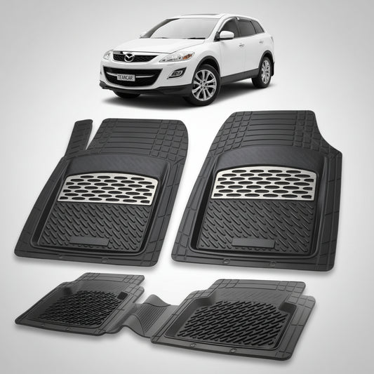 set de covorase din cauciuc negre cu accente gri cu o mazda cx-9 tb suv alba in fundal
