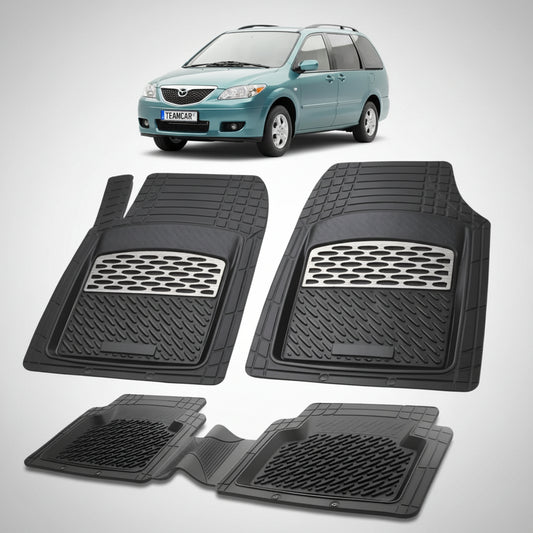 set de covorase din cauciuc negre cu accente gri cu o mazda mpv lw facelift mpv albastru verzui in fundal
