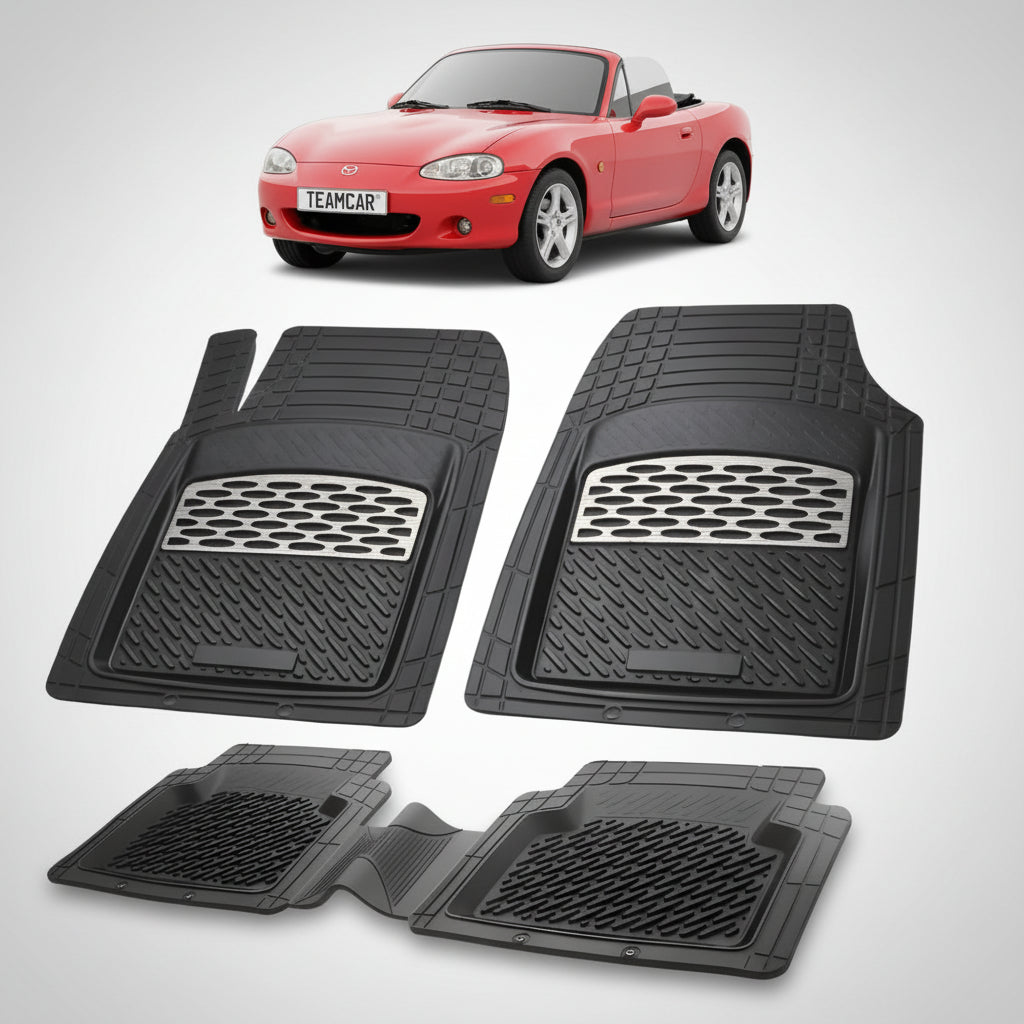 set de covorase din cauciuc negre cu accente gri cu o mazda mx-5 nb facelift roadster rosie in fundal