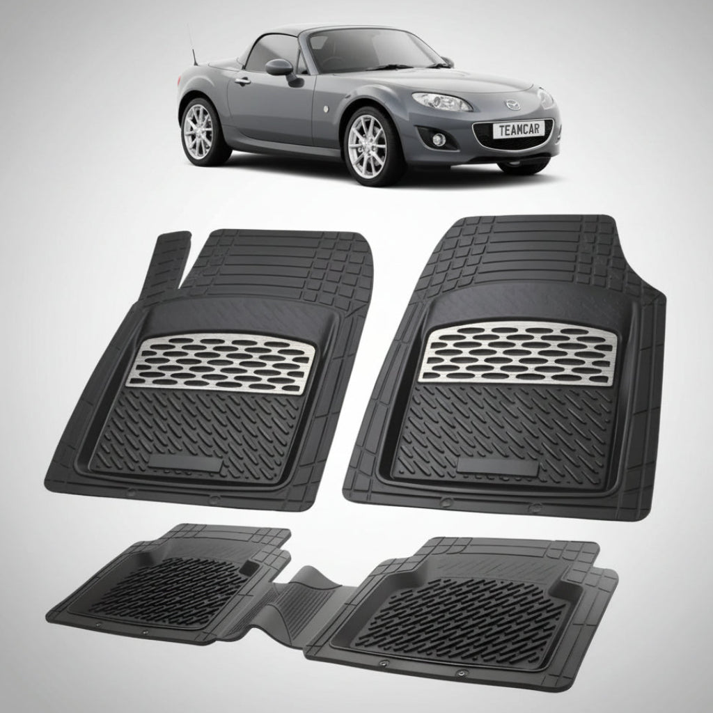 set de covorase din cauciuc negre cu accente gri cu o mazda mx-5 nc facelift hard top(rc) gri metalizat in fundal
