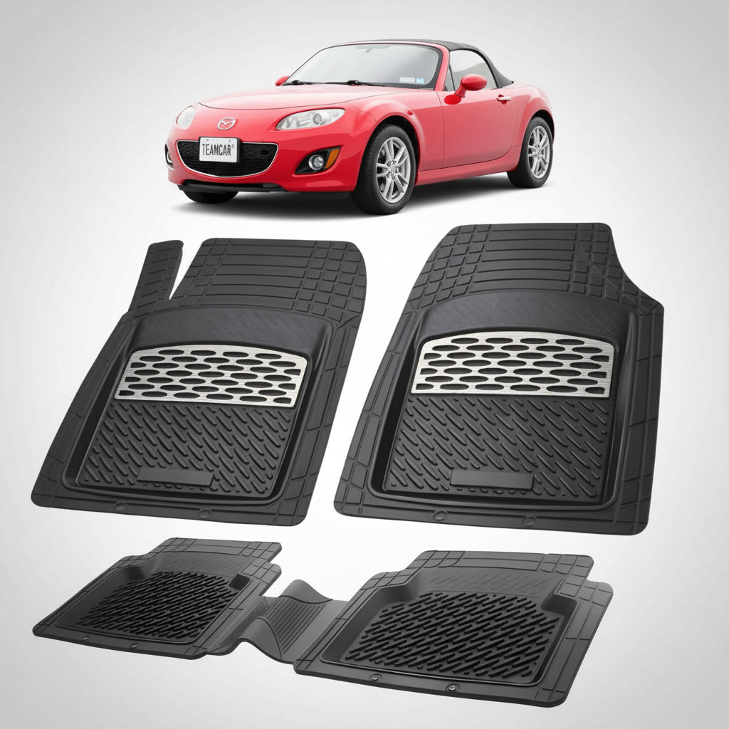 set de covorase din cauciuc negre cu accente gri cu o mazda mx-5 nc facelift soft top rosie in fundal