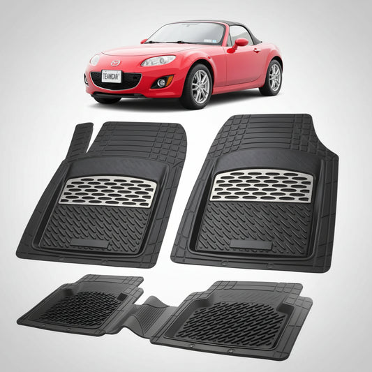 set de covorase din cauciuc negre cu accente gri cu o mazda mx-5 nc facelift soft top rosie in fundal