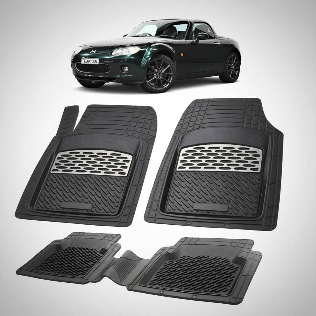 set de covorase din cauciuc negre cu accente gri cu o mazda mx-5 nc hard top neagra in fundal