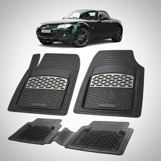 set de covorase din cauciuc negre cu accente gri cu o mazda mx-5 nc hard top neagra in fundal