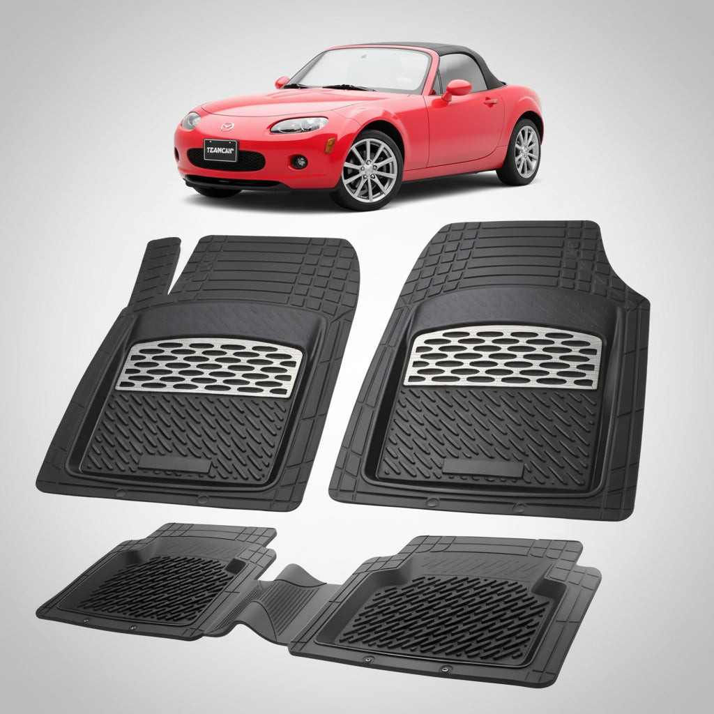 set de covorase din cauciuc negre cu accente gri cu o mazda mx-5 nc soft top rosie in fundal