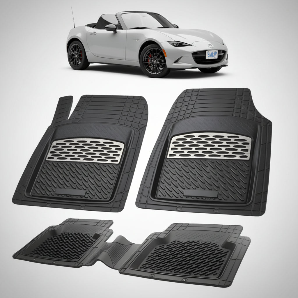 set de covorase din cauciuc negre cu accente gri cu o mazda mx-5 nd facelift soft top gri in fundal