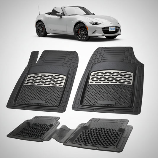 set de covorase din cauciuc negre cu accente gri cu o mazda mx-5 nd facelift soft top gri in fundal