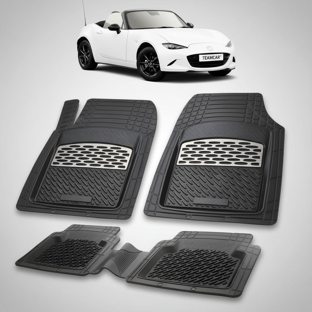 set de covorase din cauciuc negre cu accente gri cu o mazda mx-5 nd soft top alba in fundal
