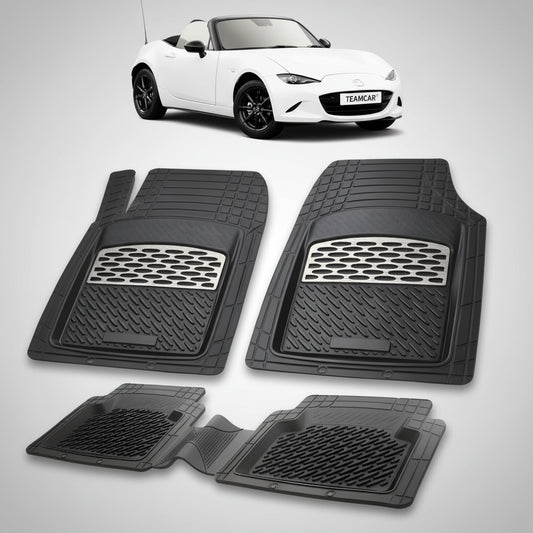 set de covorase din cauciuc negre cu accente gri cu o mazda mx-5 nd soft top alba in fundal