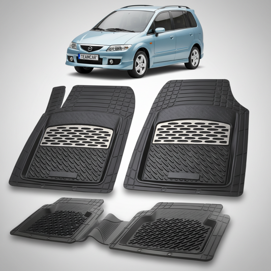 set de covorase din cauciuc negre cu accente gri cu o mazda premacy i albastra in fundal