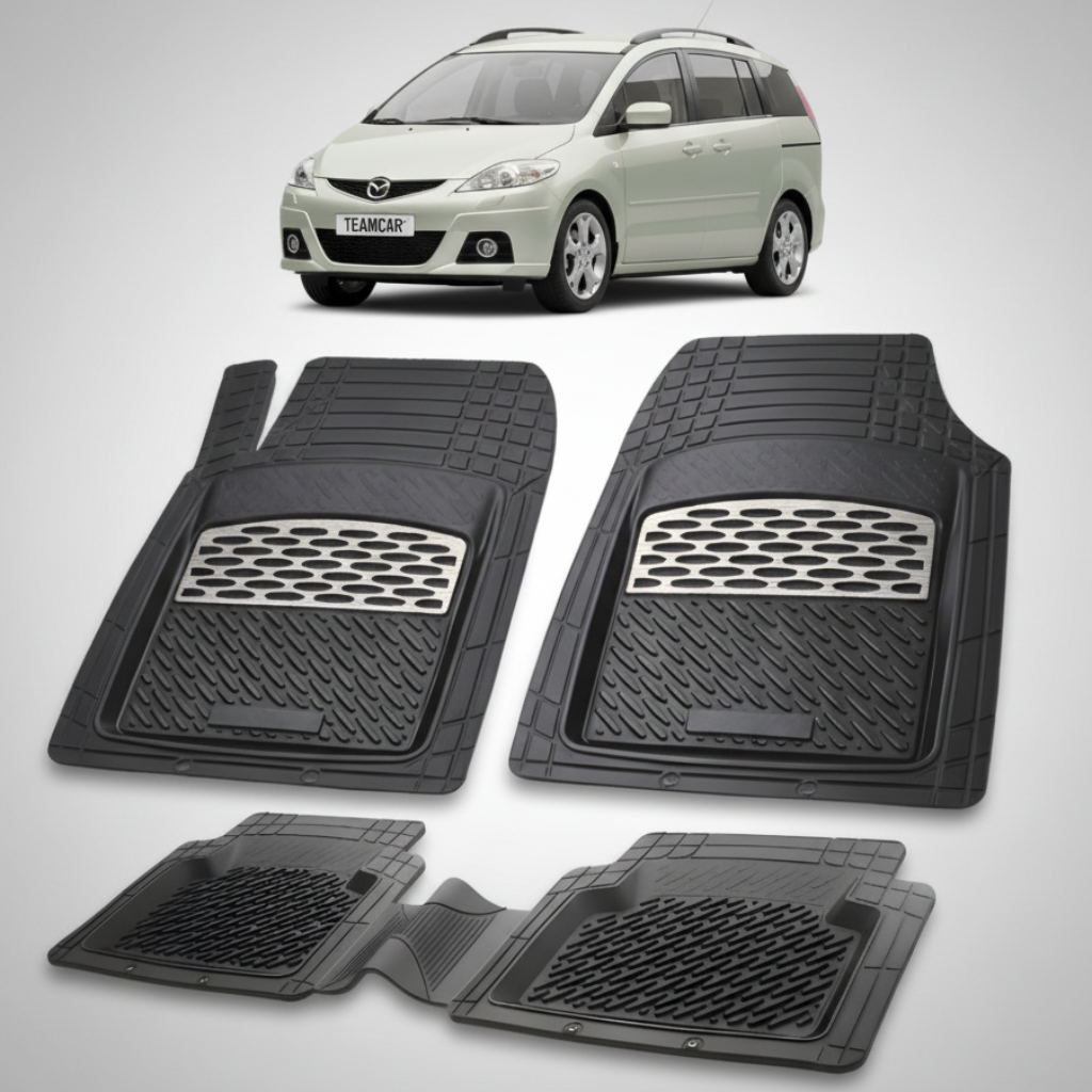 set de covorase din cauciuc negre cu accente gri cu o mazda premacy ii bej in fundal