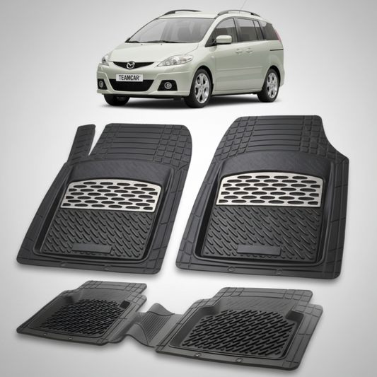 set de covorase din cauciuc negre cu accente gri cu o mazda premacy ii bej in fundal