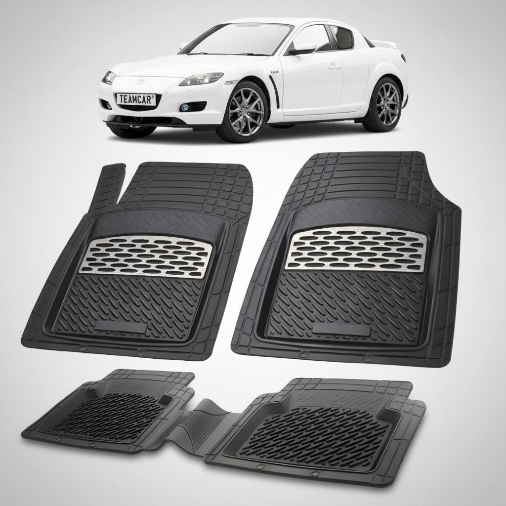 set de covorase din cauciuc negre cu accente gri cu o mazda rx-8 I alba in fundal