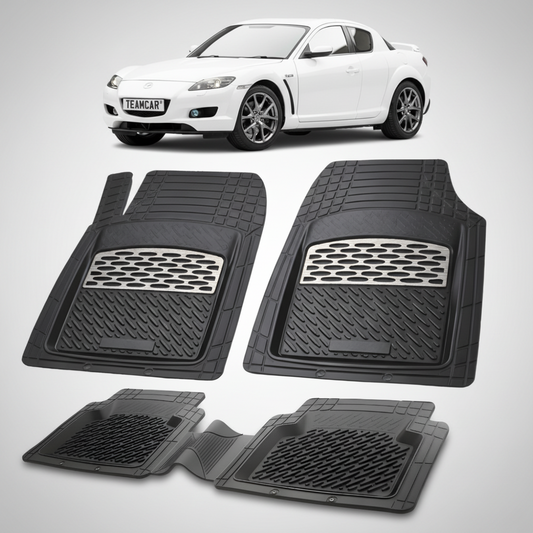 set de covorase din cauciuc negre cu accente gri cu o mazda rx-8 I alba in fundal