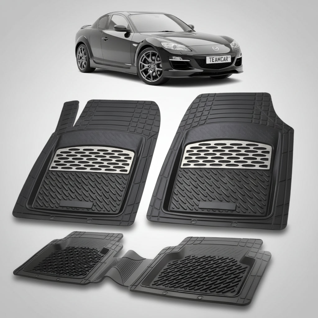 set de covorase din cauciuc negre cu accente gri cu o mazda rx-8 se facelift coupe neagra in fundal