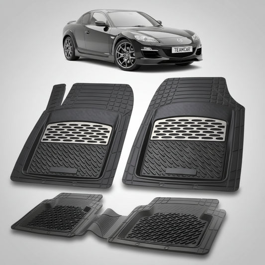 set de covorase din cauciuc negre cu accente gri cu o mazda rx-8 se facelift coupe neagra in fundal