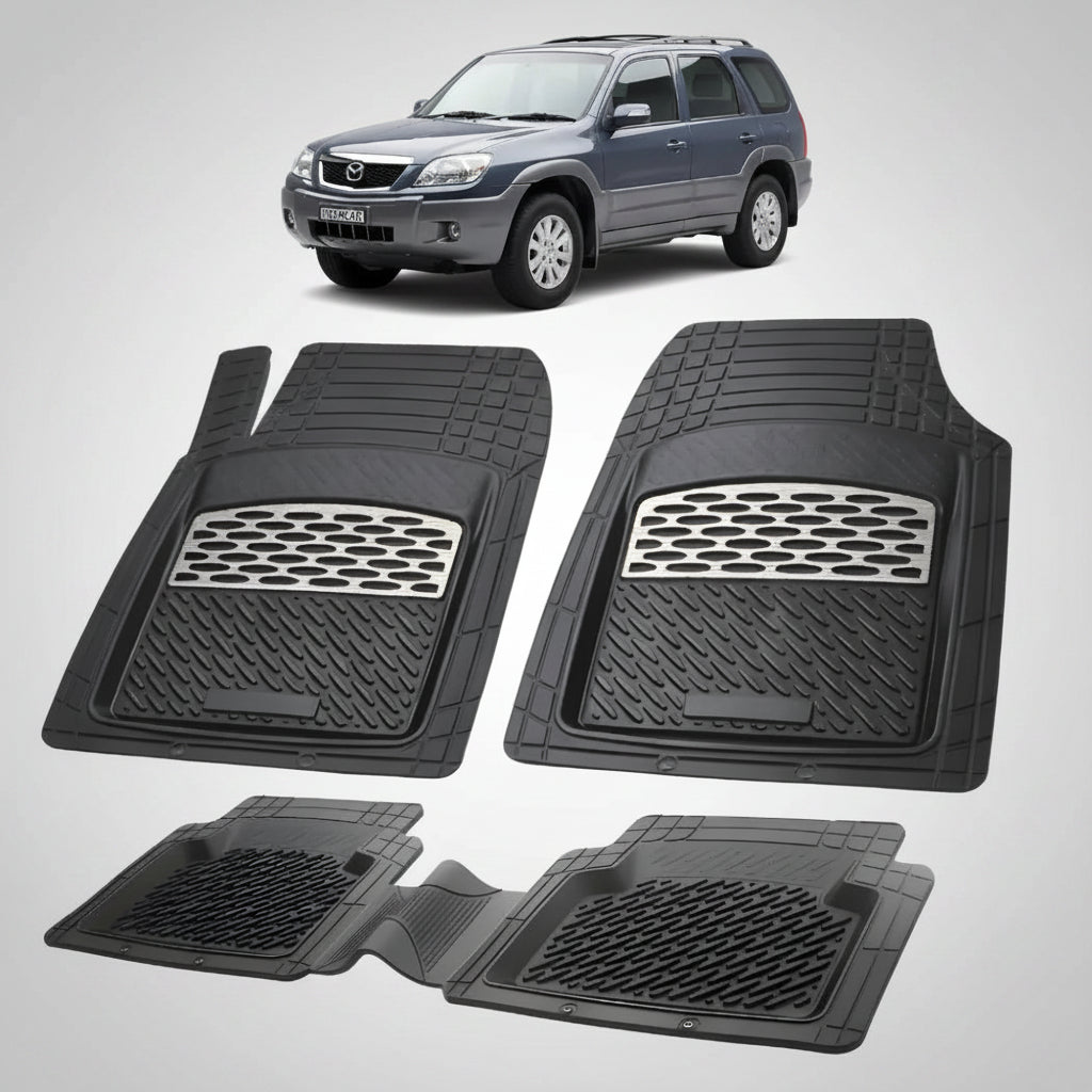 set de covorase din cauciuc negre cu accente gri cu o mazda tribute ep  facelift suv albastru-gri inchis metalizat in fundal