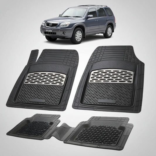 set de covorase din cauciuc negre cu accente gri cu o mazda tribute ep  facelift suv albastru-gri inchis metalizat in fundal