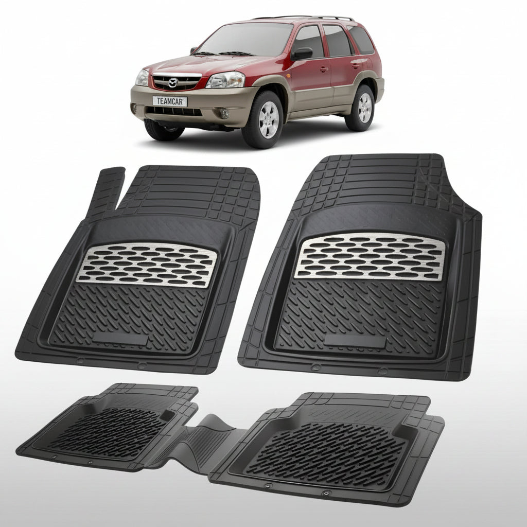 set de covorase din cauciuc negre cu accente gri cu o mazda tribute ep suv rosu in fundal