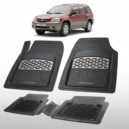 set de covorase din cauciuc negre cu accente gri cu o mazda tribute ep suv rosu in fundal