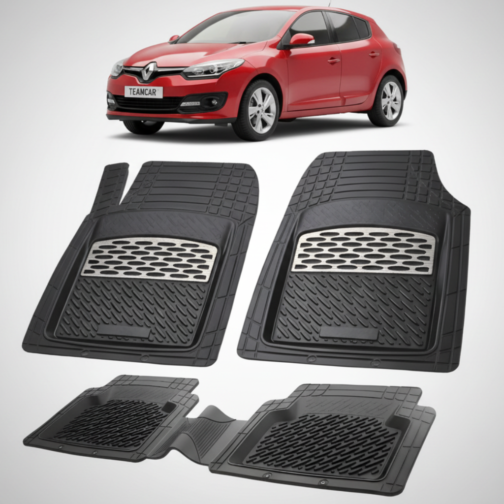set de covorase din cauciuc negre cu accente gri cu o renault megane iii hatchback rosie in fundal
