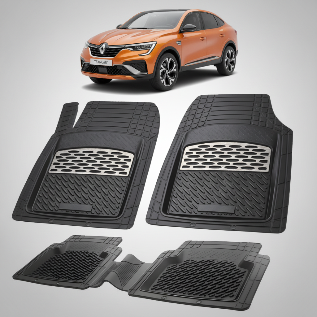 set de covorase din cauciuc negre cu accente gri cu un renault arkana suv coupe portocaliu in fundal