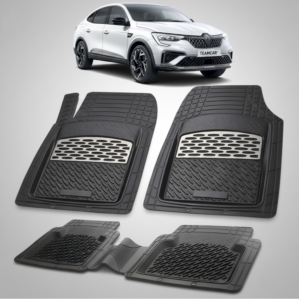 set de covorase din cauciuc negre cu accente gri cu un renault arkana suv coupe alb in fundal