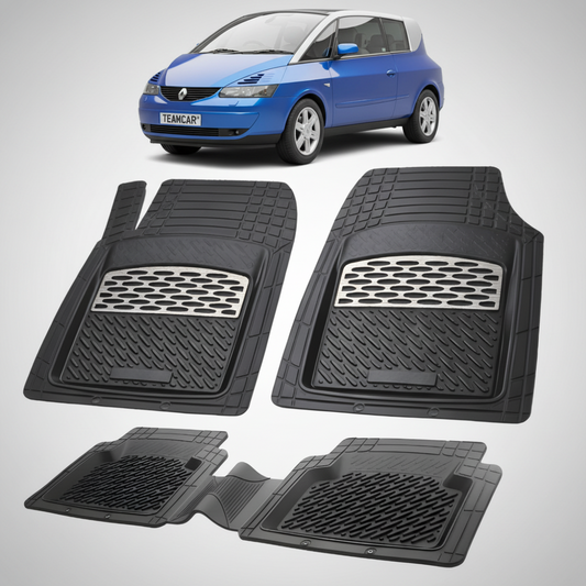 set de covorase din cauciuc negre cu accente gri cu un renault avantime coupe-mpv albastru in fundal