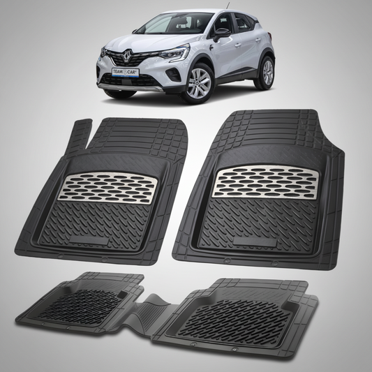 set de covorase din cauciuc negre cu accente gri cu un renault captur ii suv gri in fundal