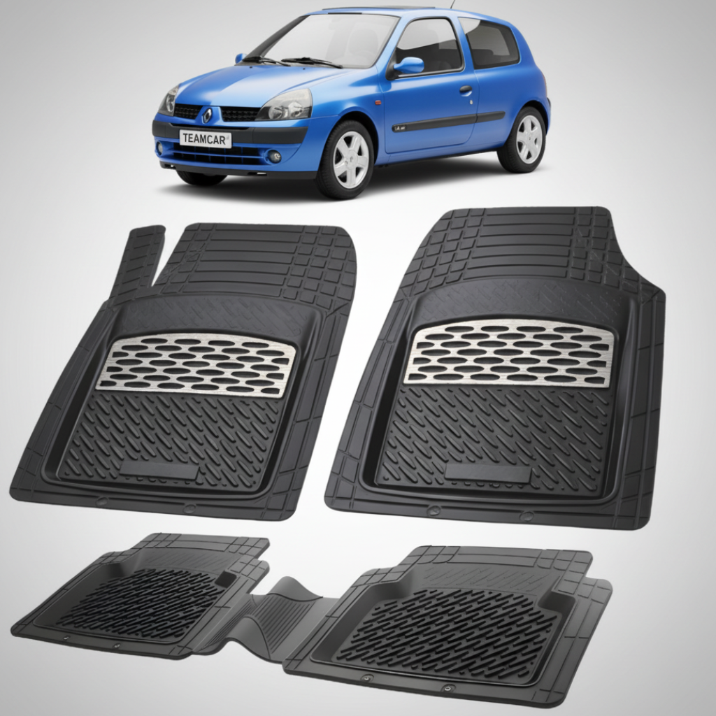 set de covorase din cauciuc negre cu accente gri cu o renault clio ii hatchback albastru in fundal