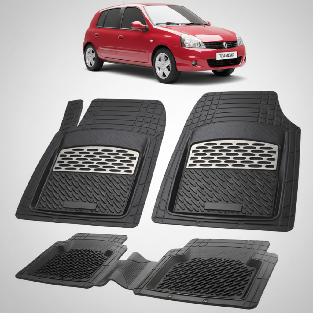 set de covorase din cauciuc negre cu accente gri cu o renault clio ii campus hatchback rosie in fundal