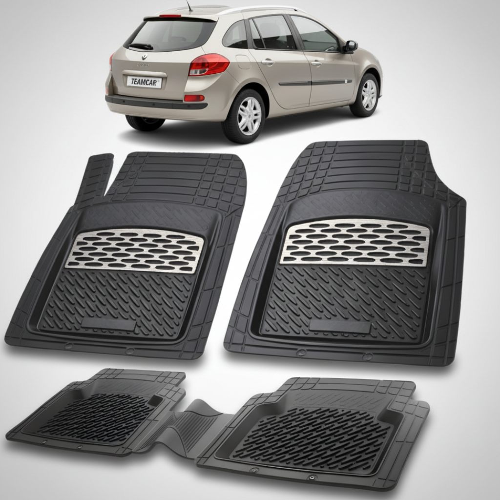 set de covorase din cauciuc negre cu accente gri cu o renault clio iii estate bej in fundal