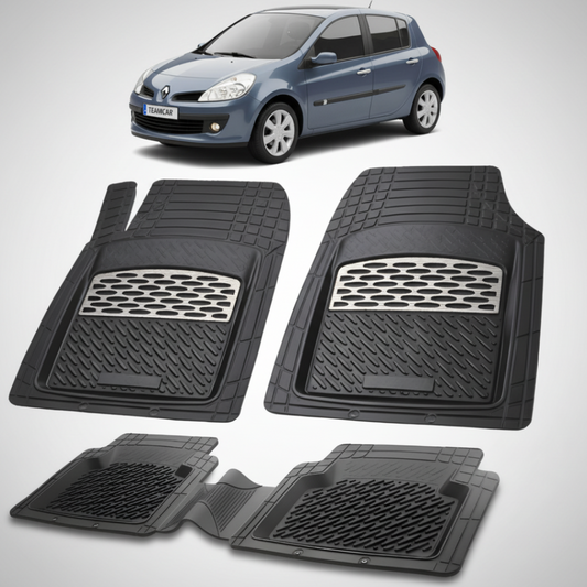 set de covorase din cauciuc negre cu accente gri cu o renault clio iii hatchback albastra in fundal