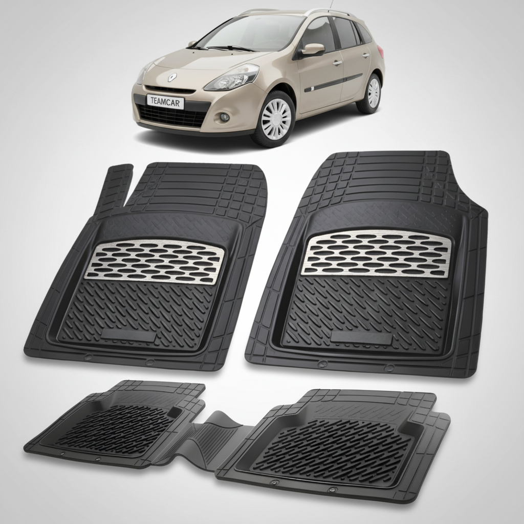 set de covorase din cauciuc negre cu accente gri cu o renault clio iii estate grandtour bej in fundal