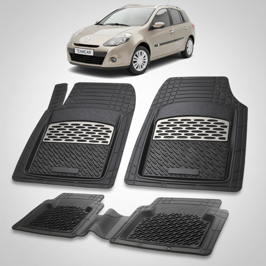 set de covorase din cauciuc negre cu accente gri cu o renault clio iii estate grandtour bej in fundal