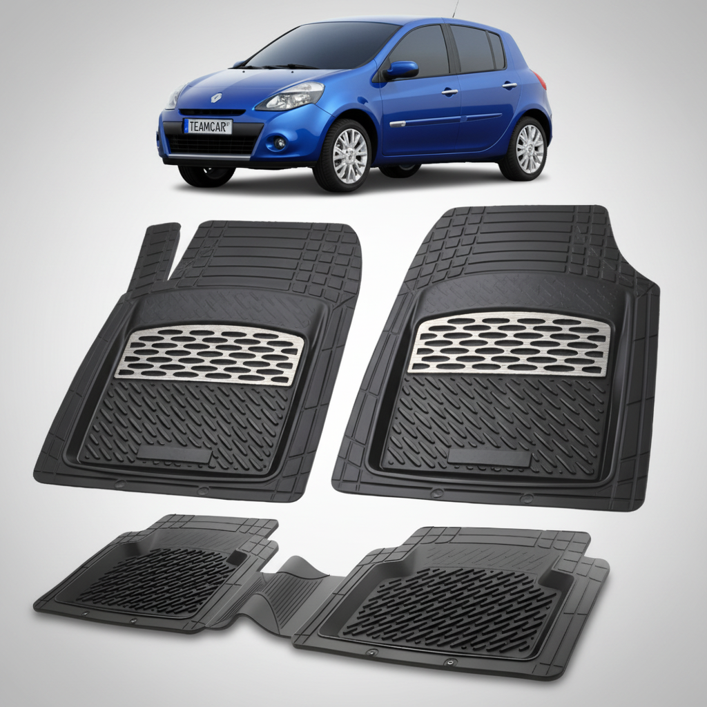 set de covorase din cauciuc negre cu accente gri cu o renault clio iii hatchback albastra in fundal