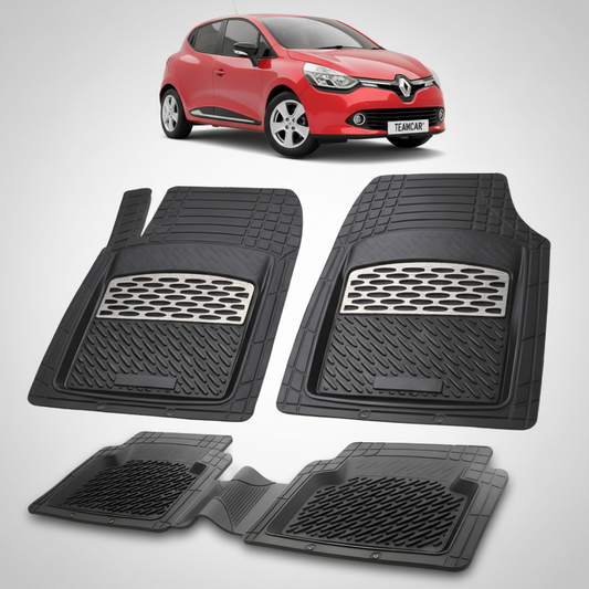 set de covorase din cauciuc negre cu accente gri cu o renault clio iv hatchback rosu in fundal
