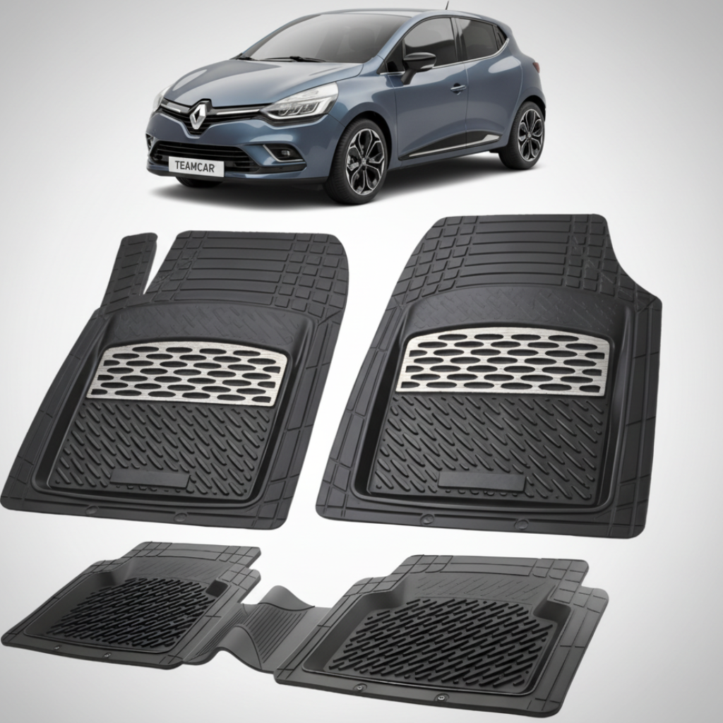 set de covorase din cauciuc negre cu accente gri cu o renault clio iv hatchback albastra in fundal