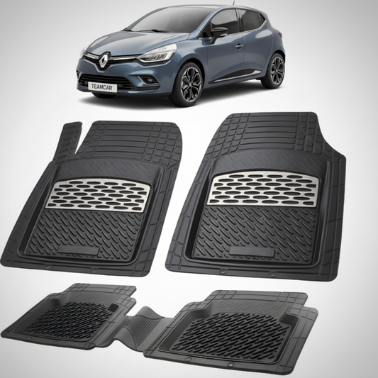 set de covorase din cauciuc negre cu accente gri cu o renault clio iv hatchback albastra in fundal