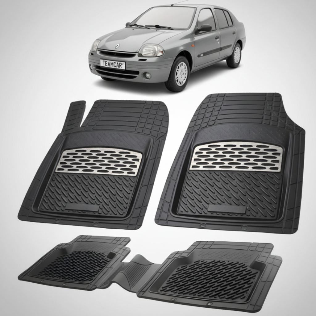 set de covorase din cauciuc negre cu accente gri cu o renault clio symbol sedan gri in fundal