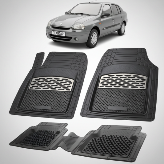 set de covorase din cauciuc negre cu accente gri cu o renault clio symbol sedan gri in fundal