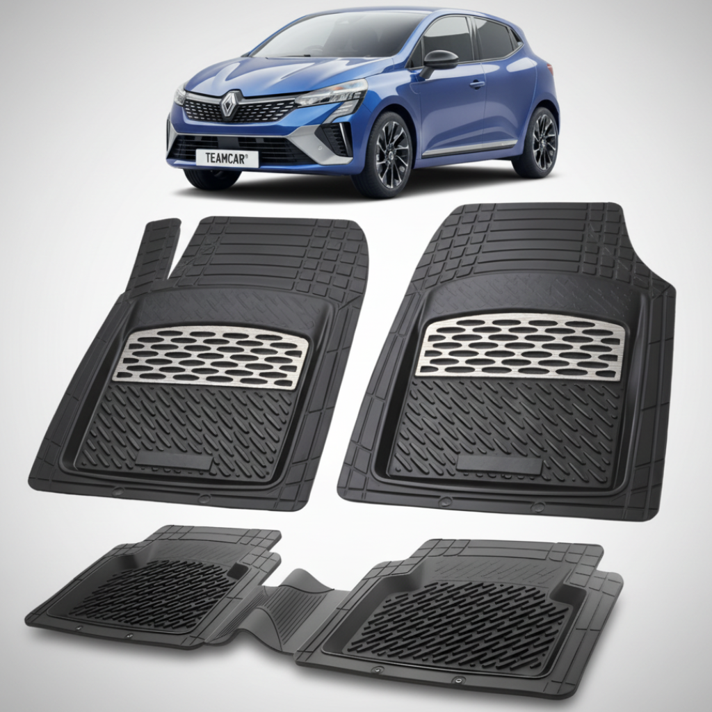 set de covorase din cauciuc negre cu accente gri cu o renault clio v hatchback albastru in fundal