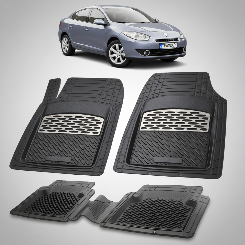 set de covorase din cauciuc negre cu accente gri cu un renault fluence sedan gri in fundal