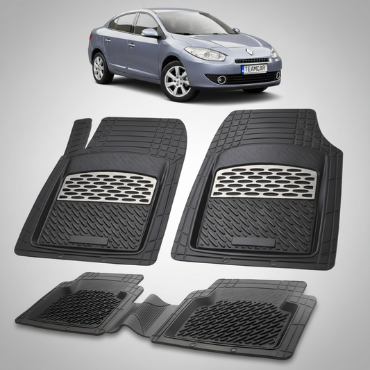 set de covorase din cauciuc negre cu accente gri cu un renault fluence sedan gri in fundal