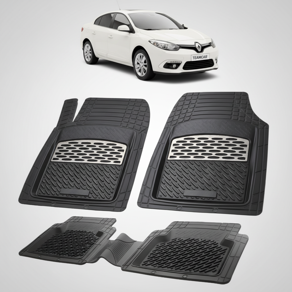 set de covorase din cauciuc negre cu accente gri cu un renault fluence sedan alb in fundal