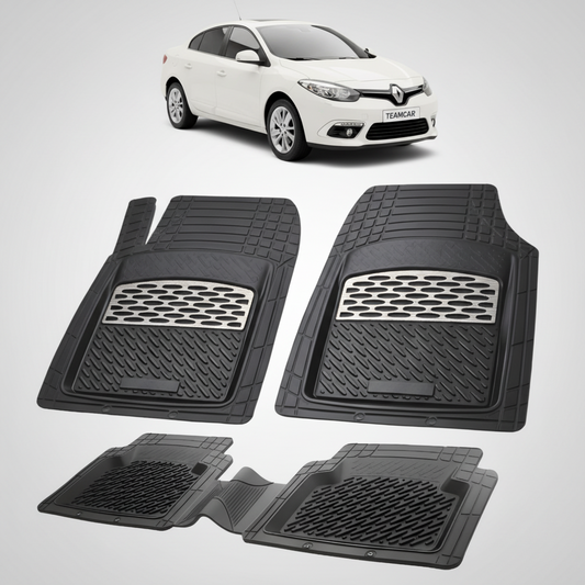 set de covorase din cauciuc negre cu accente gri cu un renault fluence sedan alb in fundal